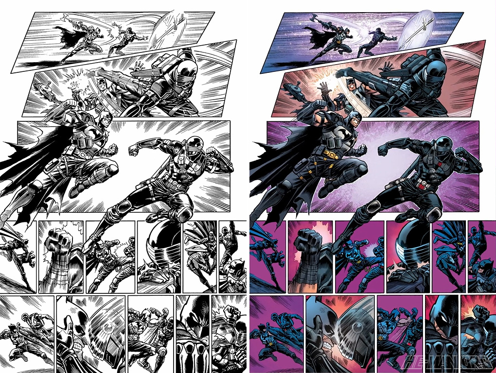 Batman/Fortnite comic page comparison. Batman fighting Snake-Eyes. Left side Black and white and on right side the final colored page.