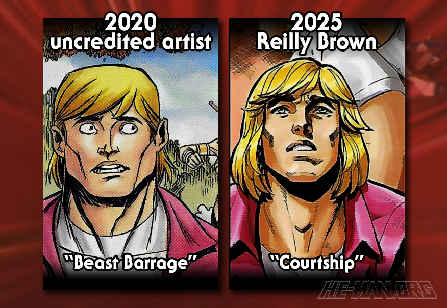 Comparison image from Origins mini-comics. Left side a panel from 2020 minicomic with Prince Adam, whose hair is tucked away and his ears are visibly showing. Right side 2025 panel by Reilly Brown, with Adam whose hair is covering up the ears.