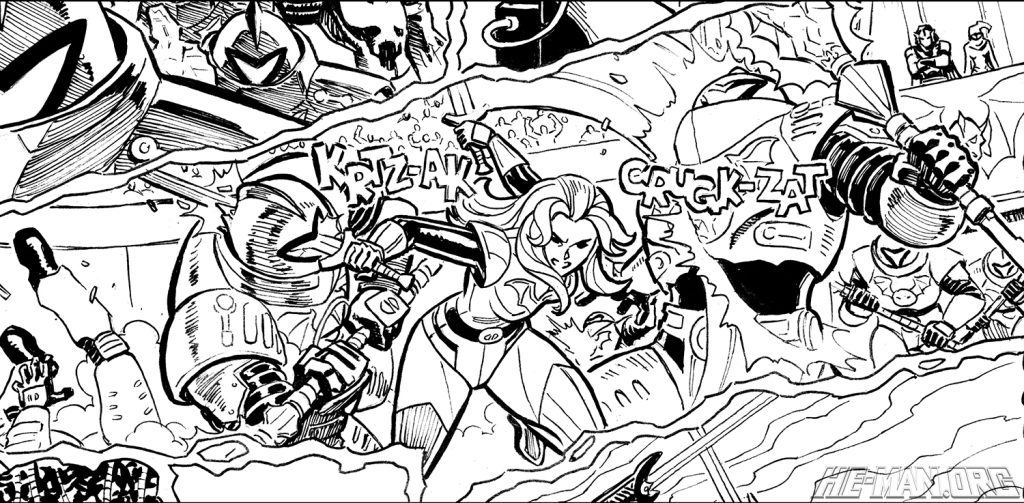 B&W comic panel from "Phantoms of Despara" Origins mini-comic. Featuring Adora at an arena battle scene, fighting against multiple Horde Troopers. With Hordak and Shadow Weaver looking from a balcony.