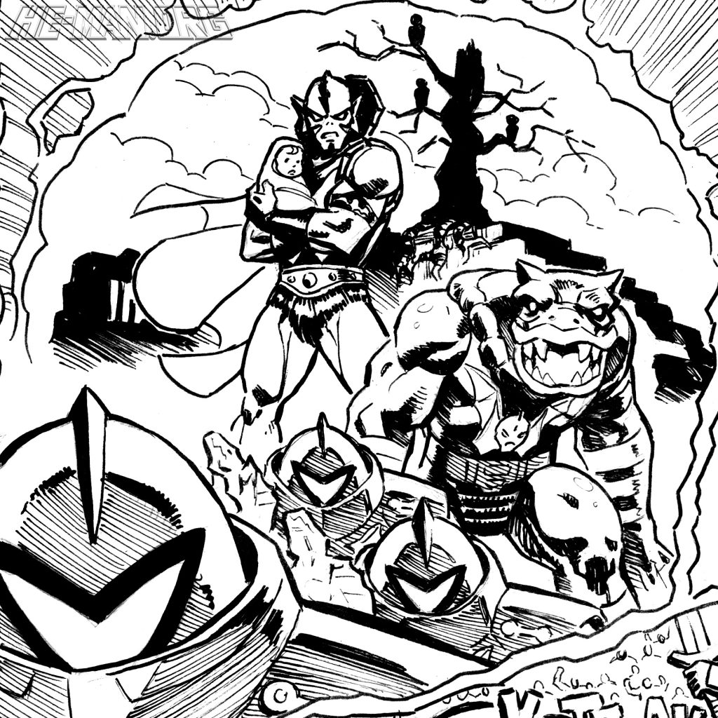 B&W comic panel from "Phantoms of Despara" Origins mini-comic. Featuring Hordak holding baby Adora, Leech and three Horde Troopers