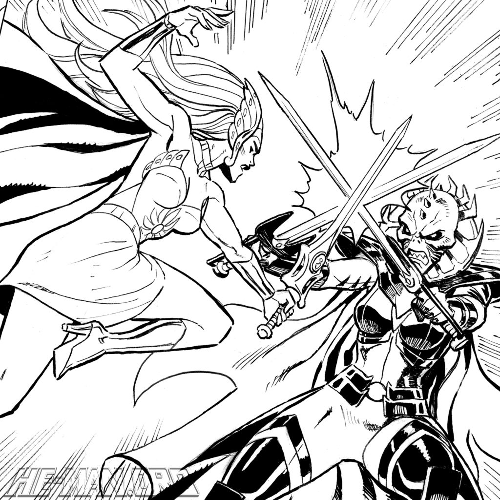 B&W comic panel from "Phantoms of Despara" Origins mini-comic. Featuring She-Ra fighting against "her past self" Despara.