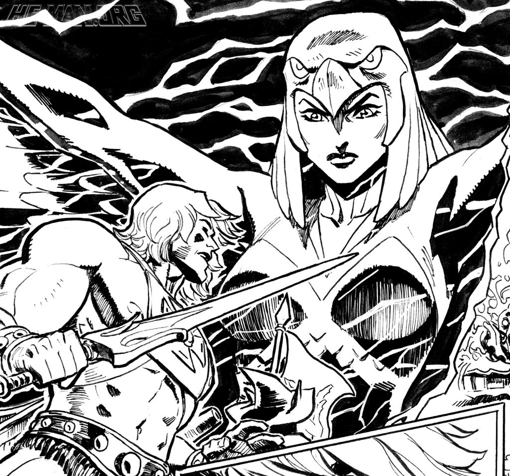 B&W comic panel from "Eye of the Storm" Origins mini-comic. Featuring the Sorceress warning He-Man and the heroes of the impending danger.
